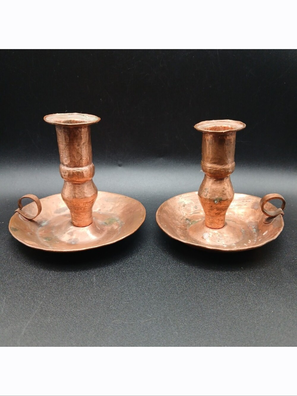 Vintage Antique 4" Hammered Copper Candlestick Candle Holder Set Chamberstick